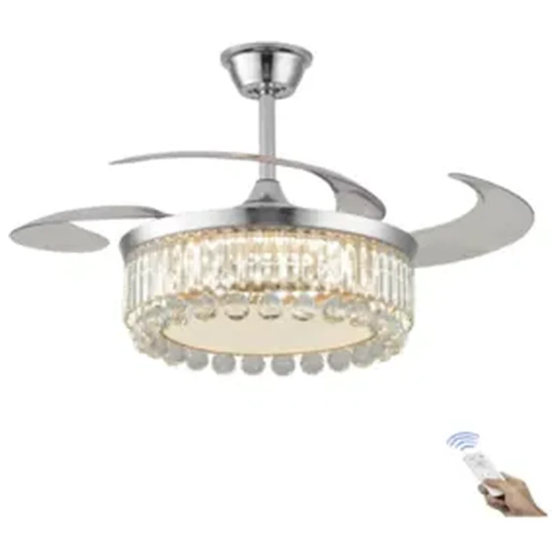 Ventilador Teto Retrátil Lustre Cristal Led Prata Controle Re - Controle