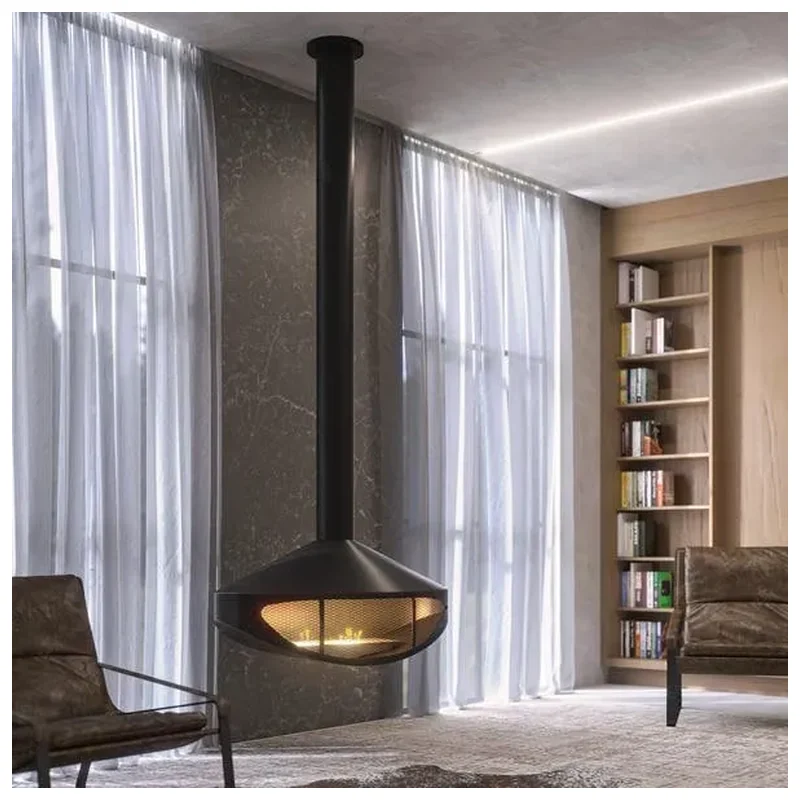 Lareira Suspensa De Teto Aurora + Queimador Em Aço Inox Preto - Inox